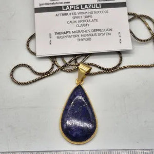 Lapis Lazuli Brass Bezel Necklace in Brass Chain, Blue Crystal Necklace for Men and Women