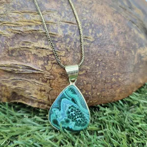 Amazing Malachite Brass Necklace with Brass Chain, Green Crystal Unisex Necklace