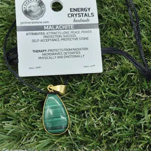 Malachite Brass Bezel Necklace in Black Cord