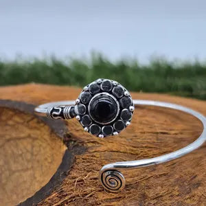 Black Tourmaline Silver-Plated Adjustable Boho Cuff Bracelet – Ethnic Gemstone Jewelry