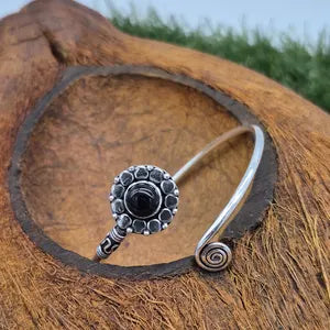 Black Tourmaline Silver-Plated Adjustable Boho Cuff Bracelet – Ethnic Gemstone Jewelry