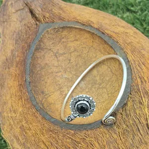 Black Tourmaline Silver-Plated Adjustable Boho Cuff Bracelet – Ethnic Gemstone Jewelry