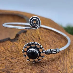 Black Tourmaline Silver-Plated Adjustable Boho Cuff Bracelet – Ethnic Gemstone Jewelry