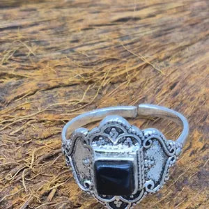 Black Tourmaline Silver Plated Adjustable Ring for Women
