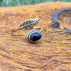 Black Tourmaline Adjustable Brass Ring for Women
