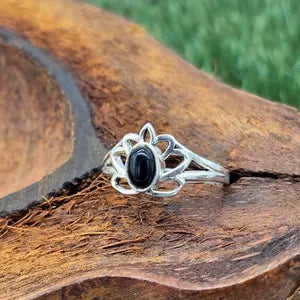 Black Obsidian Lotus Silver Plates Adjustable Ring for Women