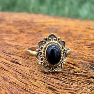 Black Obsidian Brass Crystal Adjustable Ring for Women