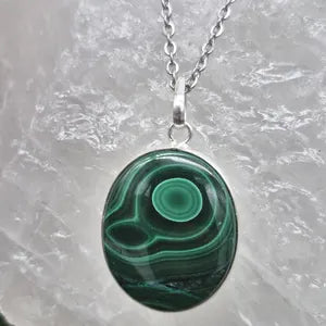 Malachite Silver Bezel Necklace with Stainless Steel Chain