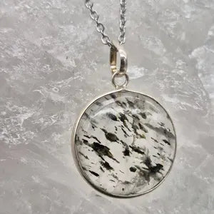 Clear Quartz Necklace with Green Tourmaline Inclusion – Silver Bezel Pendant on Stainless Steel Chain