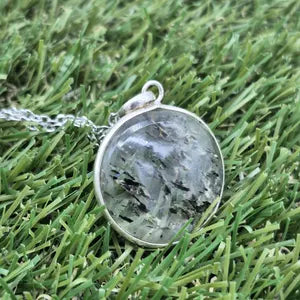 Clear Quartz Necklace with Green Tourmaline Inclusion – Silver Bezel Pendant on Stainless Steel Chain