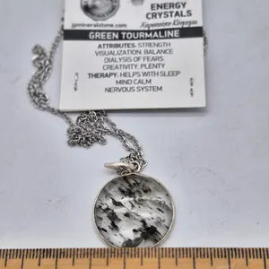 Clear Quartz Necklace with Green Tourmaline Inclusion – Silver Bezel Pendant on Stainless Steel Chain