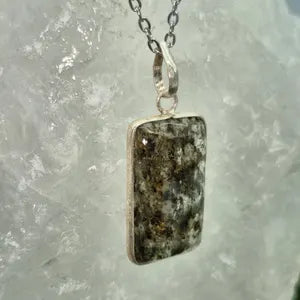 Clear Quartz Necklace with Green Tourmaline Inclusion – Silver Bezel Pendant on Stainless Steel Chain