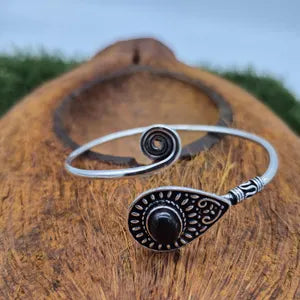 Black Tourmaline Cuff Bracelet – Silver Plated Adjustable Boho Cuff