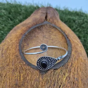Black Tourmaline Cuff Bracelet – Silver Plated Adjustable Boho Cuff