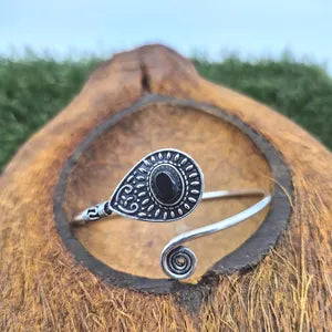 Black Tourmaline Cuff Bracelet – Silver Plated Adjustable Boho Cuff
