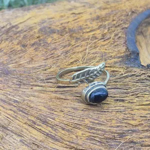 Black Tourmaline Adjustable Brass Ring for Women