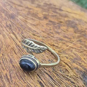 Black Tourmaline Adjustable Brass Ring for Women