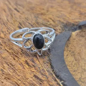 Black Obsidian Lotus Silver Plates Adjustable Ring for Women