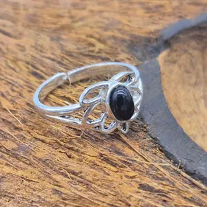 Black Obsidian Lotus Silver Plates Adjustable Ring for Women