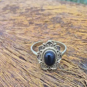 Black Obsidian Brass Crystal Adjustable Ring for Women
