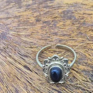 Black Obsidian Brass Crystal Adjustable Ring for Women