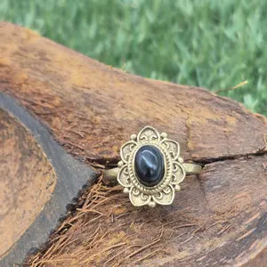 Black Obsidian Brass Crystal Adjustable Ring for Women