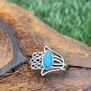 Hamsa Turquoise Silver Plated Adjustable Ring for Women