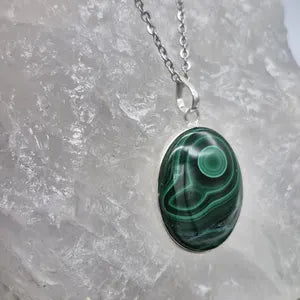 Malachite Silver Bezel Necklace with Stainless Steel Chain