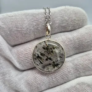 Clear Quartz Necklace with Green Tourmaline Inclusion – Silver Bezel Pendant on Stainless Steel Chain