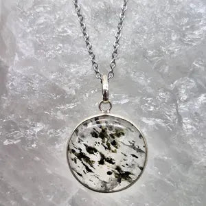 Clear Quartz Necklace with Green Tourmaline Inclusion – Silver Bezel Pendant on Stainless Steel Chain