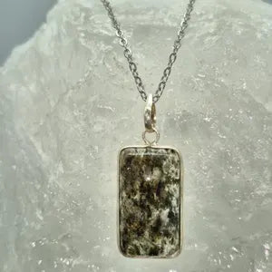 Clear Quartz Necklace with Green Tourmaline Inclusion – Silver Bezel Pendant on Stainless Steel Chain
