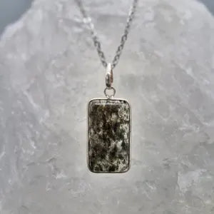 Clear Quartz Necklace with Green Tourmaline Inclusion – Silver Bezel Pendant on Stainless Steel Chain