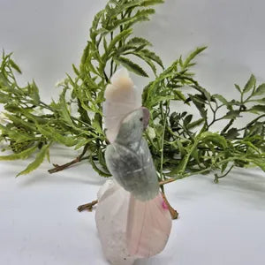 Vintage Carved Aventurine Parrot Bird on Raw Quartz Base, Rare Gemstone Bird Figurine
