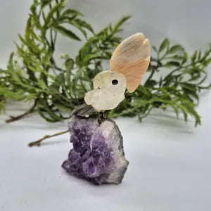 Quartz Carved Bird on Amethst Cluster Base Calcite Plum and Jade Tail, Gemstone Vintage Parrot Bird Sculpture Figurine