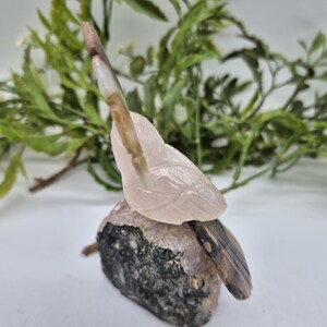 Rose Quartz Carved Bird on Amethyst Cluster – Vintage Gemstone Parrot Figurine with Agate Details
