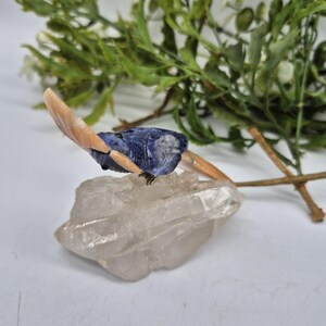 Vintage Sodalite Carved Bird on Quartz Point and Orange Calcite Details, Gemstone Bird Figurine
