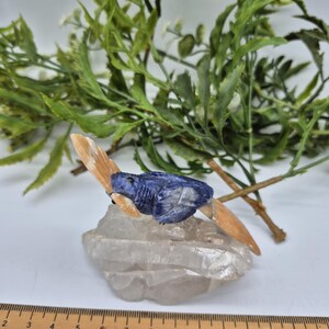 Vintage Sodalite Carved Bird on Quartz Point and Orange Calcite Details, Gemstone Bird Figurine