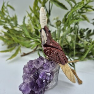 Genuine Jasper Carved Bird on Amethyst Cluster, Crystal Bird Carving, Gemstone Bird Sculpture