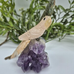 Rose Quartz Carved Bird on Amethyst Cluster with Jade and Calcite Details, Vintage Gemstone Bird Carving