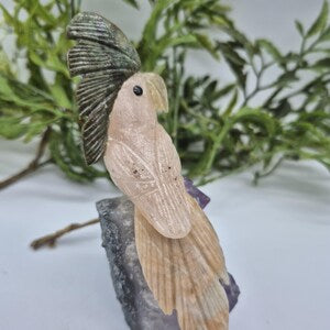 Rose Quartz Carved Bird on Amethyst Cluster with Jade and Calcite Details, Vintage Gemstone Bird Carving