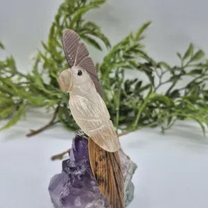 Quartz Carved Bird on Amethyst Cluster with Jasper Details, Gemstone Bird Sculpture, Vintage Bird Carving
