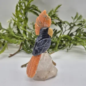 Sodalite Carved Bird on Cler Quartz Point and Orange Calcite, Gemstone Bird Sculpture