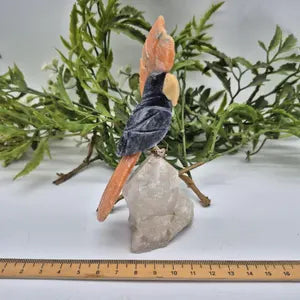 Sodalite Carved Bird on Cler Quartz Point and Orange Calcite, Gemstone Bird Sculpture