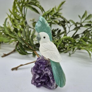 Vintage Quartz Carved Bird with Green Agate Tail and Plumage on Amethyst Cluster, Gemstone Bird Sculpture