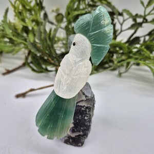 Vintage Quartz Carved Bird with Green Agate Tail and Plumage on Amethyst Cluster, Gemstone Bird Sculpture