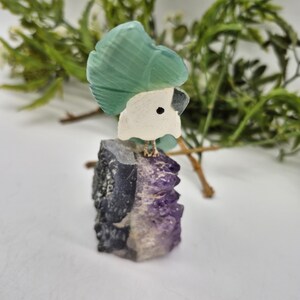 Vintage Quartz Carved Bird with Green Agate Tail and Plumage on Amethyst Cluster, Gemstone Bird Sculpture