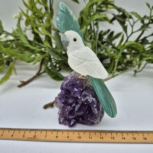 Vintage Quartz Carved Bird with Green Agate Tail and Plumage on Amethyst Cluster, Gemstone Bird Sculpture