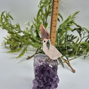 Rose Quartz Carved Bird with Jade Details on Amethyst Cluster, Vintage Gemstone Parrot Bird Sculpture