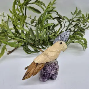 Vintage Gemstone Carved Parrot Bird, Calcite Carved Bird with Tiger Eye Tail and Sodalite Plumage on Amethyst Cluster