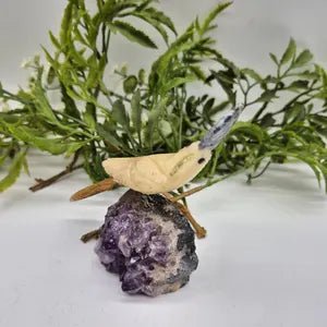 Vintage Gemstone Carved Parrot Bird, Calcite Carved Bird with Tiger Eye Tail and Sodalite Plumage on Amethyst Cluster